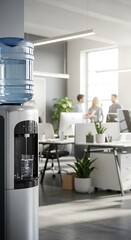 Freestanding water cooler dispenses fresh, bubbly liquid into a clear glass within a modern office setting.