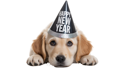Cute golden retriever dog wearing happy new year party hat lying down on white background looking sad or bored with big brown eyes with puppy and pet and animal