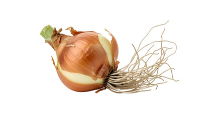 A single, isolated brown onion, with visible roots and green stalks, against a black background. The image is clean and well-lit