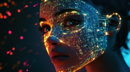 Digital portrait of human face with glowing elements