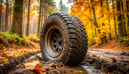 Rugged off-road tire embedded in muddy terrain with autumn forest backdrop and displaced clumps of earth.