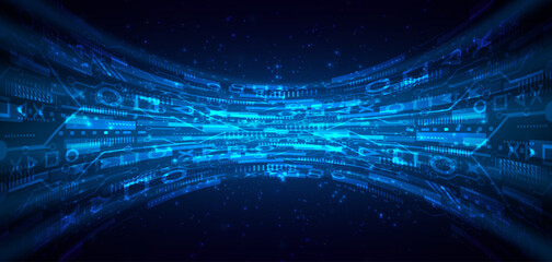 Blue glowing lines with glitter light effect on dark background. High speed internet technology concept or fast wireless data transmission. modern internet network connection technology background