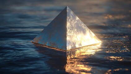 Metallic Pyramid Sunken in Ocean: Abstract Geometry Reflecting Golden Light on Water Surface, Contemporary Art Still Life