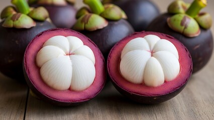 Mangosteen fruit cut open on table.