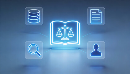glowing blue digital law book icon with scales of justice and surrounding legal symbols for online database research judicial information technology and artificial intelligence law