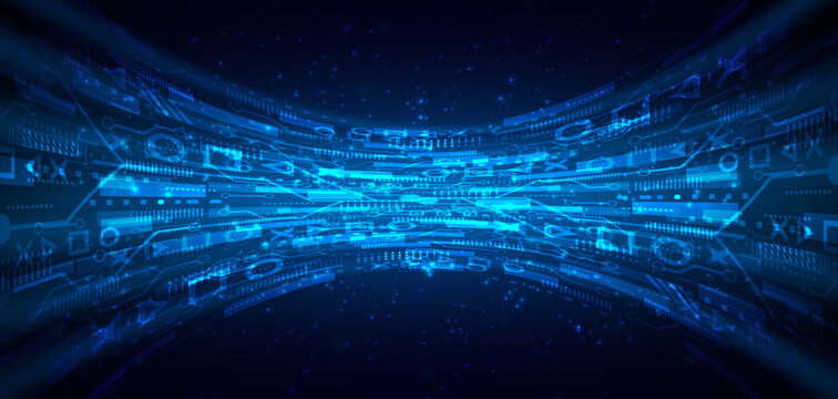 Blue glowing lines with glitter light effect on dark background. High speed internet technology concept or fast wireless data transmission. modern internet network connection technology background