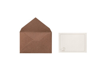 A glitter brown envelope, viewed from above, with a beige card featuring a line frame and  birds illustration.