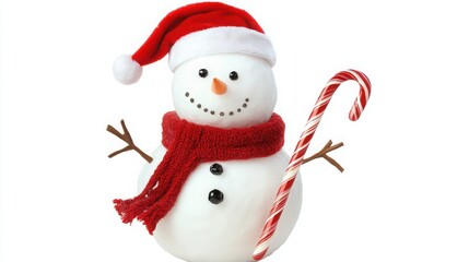 Charming handcrafted snowman decoration wearing a bright red Santa hat and cozy scarf while holding a festive candy cane against a white background