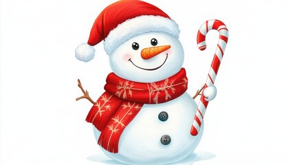 Cheerful illustrated snowman wearing a festive red Santa hat and patterned scarf happily holding a striped candy cane against a plain white background