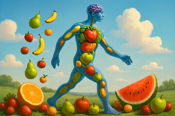Surreal human figure made of fruits walking in nature under blue sky