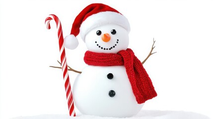 Adorable snowman wearing a cozy red knitted scarf and festive Santa hat stands proudly holding a classic striped candy cane against bright white background