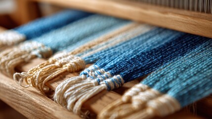 Close up of weaving loom with blue and beige threads