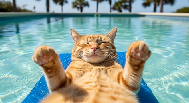 Ginger feline relaxes happily floating on a buoyant device in clear blue water outdoors