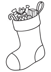 Vertical Christmas Stocking Filled with Gifts and Candies, Festive Kids Coloring Page, Educational Line Art Illustration, Printable Vector EPS, ISO A1 Size, Black and White Design