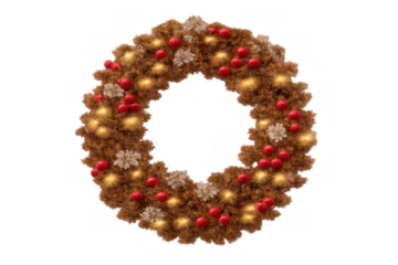 Christmas wreath decorating holiday season, featuring red berries, light ornaments, and pine cone details on transparent background