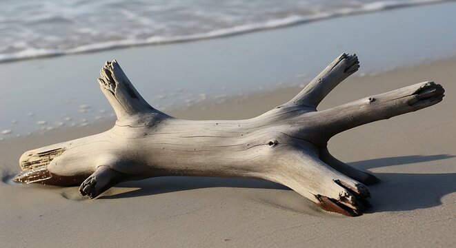 Sculptural driftwood finds a resting place on a serene sandy beach