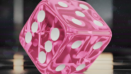 A close-up shot of a vibrant pink translucent dice with white pips resting on a dark reflective surface.