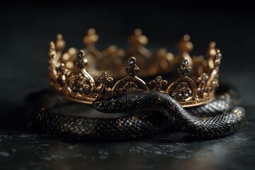 Golden crown adorned with intricate designs and a black snake coiled around it, set against a dark background creating a dramatic contrast and emphasis on regal symbolism
