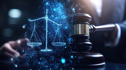 Digital representation of the scales of justice interacting with a wooden judge's gavel symbolizes the future of law and legal technology integration