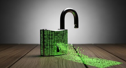 Open padlock displays glowing green digital code dissolving onto a wooden surface