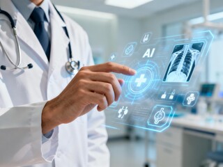Doctor interacting with AI medical hologram