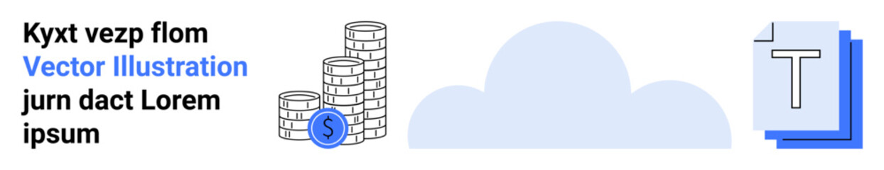 Cloud computing, fintech, data management, information sharing, digital economy, online storage. Visual shows stacked coins, document symbols and a cloud icon. Cloud computing and fintech concept © robu_s