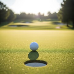 White spherical object rests inches from a hole on a putting green illuminated by bright sunlight