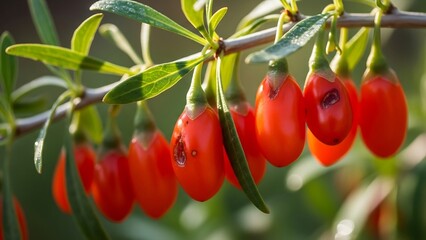 Goji berries on a branch with green leaves.