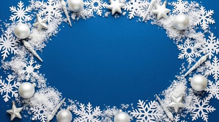 Elegant silver and white christmas holiday decorations including ornaments snowflakes and icicles border a vibrant deep blue background for festive copy space