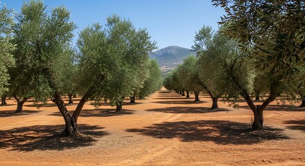 Symmetrical rows of established olive trees stretch toward a distant mountain under a clear blue sky