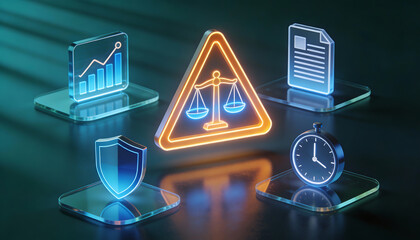 Digital legal risk management and compliance concept with glowing isometric icons of justice scales in warning sign shield time clock and financial growth chart on glass plates