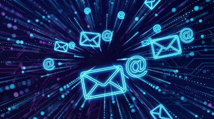 Neon glowing digital email icons and at symbols stream rapidly through a dark blue abstract technological data communication network visualization
