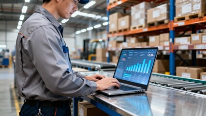 Warehouse worker using laptop for data analysis