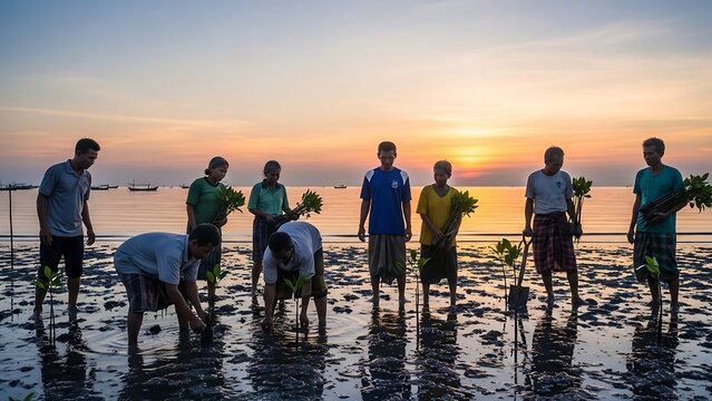 Men working on beach at sunset.