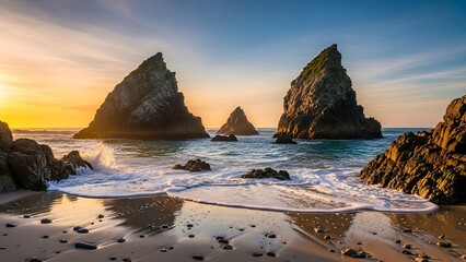 Rocky shoreline at sunset by ocean.