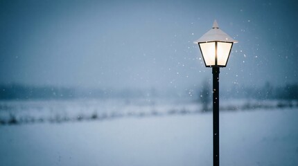 Solitary glowing lantern stands tall against a softly falling snow flurry blanketing a vast cold winter landscape under dusky skies