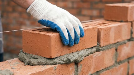 Skilled construction worker carefully positions a new red clay brick atop a layer of fresh mortar while building a sturdy wall structure outdoors