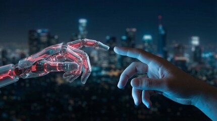 Digital age connection humanity and advanced artificial intelligence meet in a symbolic gesture against a futuristic nocturnal cityscape backdrop