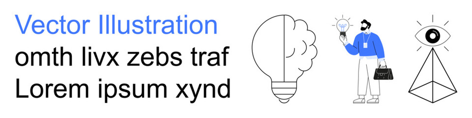 Marketing, innovation, creativity, business ideas, decision-making, symbols. A lightbulb, businessman holding an idea and eye over pyramid display elements. Innovation and creativity symbolism © robu_s