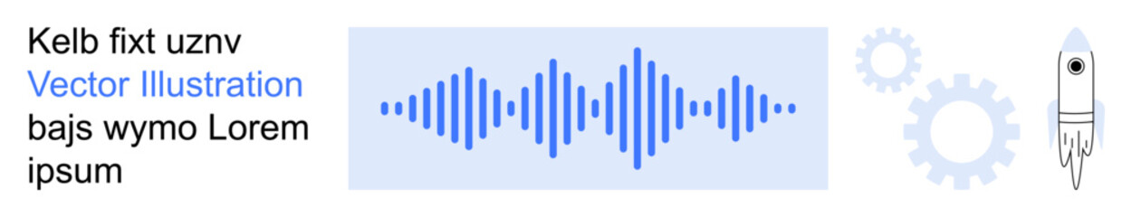 Obraz premium Audio technology, innovation, sound engineering, communication, science education, creative design. Blue soundwave icon, gears and rocket illustration. Audio technology and innovation concept
