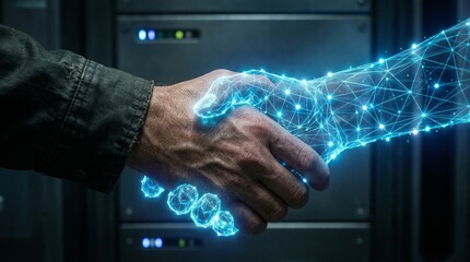 Close up of a human hand gripping a digital glowing network handshake symbolizing futuristic technology partnership and virtual reality data exchange in a server room environment