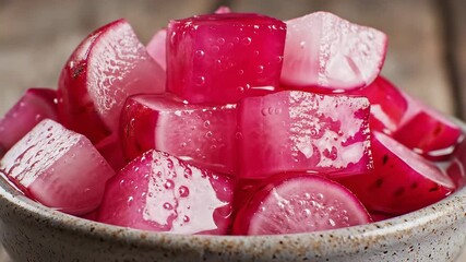 Vibrant red and white chopped radishes glistening with a sweet and tangy marinade presented in a rustic bowl showcasing a fresh and healthy culinary preparation ready to be served as a delicious side.
