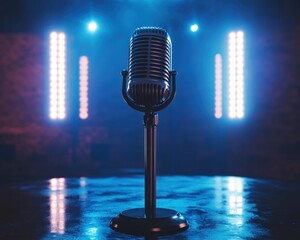 Microphone on stage with neon lights