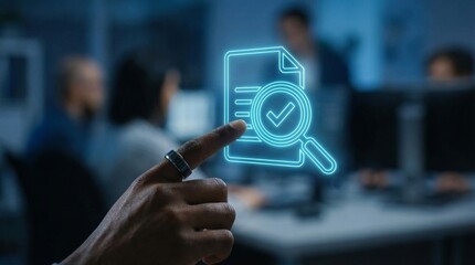 Businessman interacting with a glowing holographic icon representing document verification inspection and successful audit completion in a modern office setting