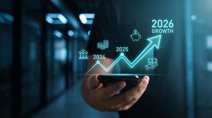 Businessman monitoring digital financial growth projection showing upward trend from 2024 through 2026 utilizing a futuristic mobile application interface
