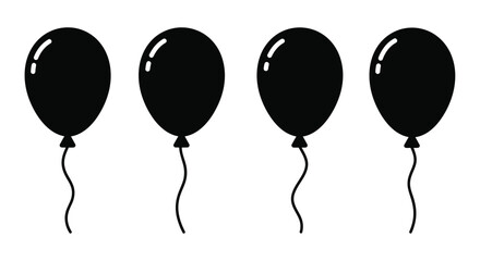 Four black balloons floating with curved shapes and strings a stark silhouette