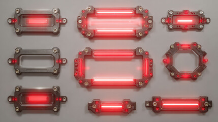 Set of red and silver objects with a futuristic feel. The objects are all different shapes and sizes, but they all have a similar color scheme. Scene is one of technology and innovation