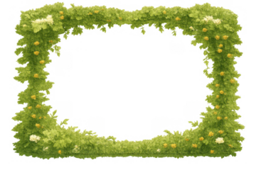 Lush green botanical plant frame with yellow and white flowers forming a rectangular border, transparent background included