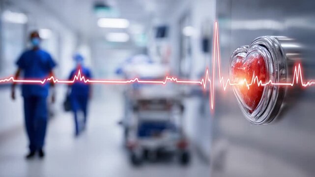 Heartbeat of Care: A poignant scene of modern healthcare unfolds. Featuring a detailed heart-shaped symbol overlaid with an animated heartbeat. The hallway in the hospital.