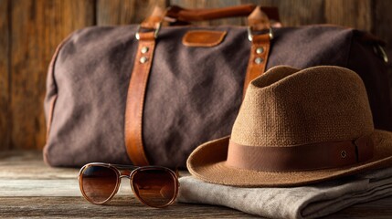Vintage travel essentials on rustic wooden background
